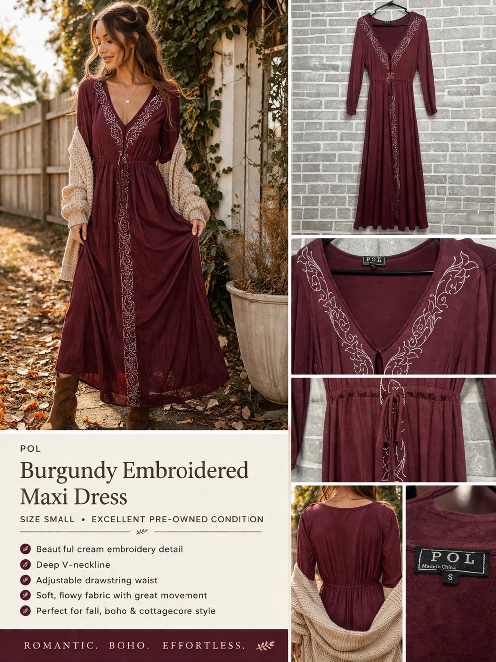 POL Burgundy Embroidered Maxi Dress Boho Cottagecore Long Sleeve Flowy Size Sm